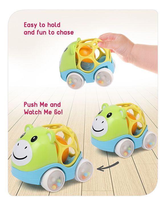 Babyhug Premium Hippo Free Wheel Car Cum Green Rattle Toy| Fun, Flexible, and Soothing Rattle Toy for Kids|Gifting Toy| Child Safe Material| Improves Motor Skills| Early Development Toys for 3+ Years| Non-Toxic| BIS Certified