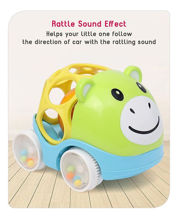 Babyhug Premium Hippo Free Wheel Car Cum Green Rattle Toy| Fun, Flexible, and Soothing Rattle Toy for Kids|Gifting Toy| Child Safe Material| Improves Motor Skills| Early Development Toys for 3+ Years| Non-Toxic| BIS Certified