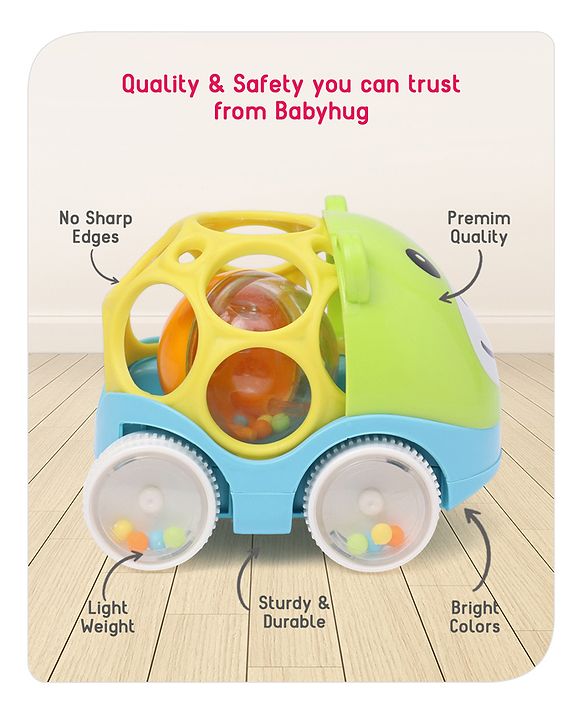 Babyhug Premium Hippo Free Wheel Car Cum Green Rattle Toy| Fun, Flexible, and Soothing Rattle Toy for Kids|Gifting Toy| Child Safe Material| Improves Motor Skills| Early Development Toys for 3+ Years| Non-Toxic| BIS Certified