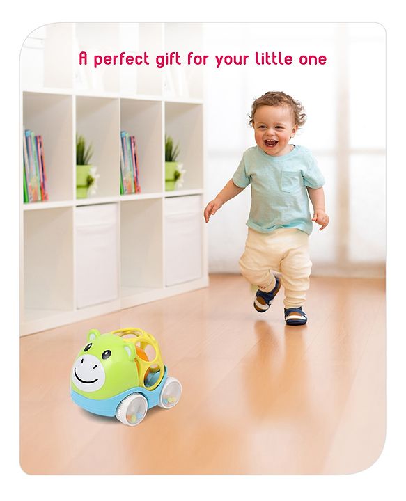 Babyhug Premium Hippo Free Wheel Car Cum Green Rattle Toy| Fun, Flexible, and Soothing Rattle Toy for Kids|Gifting Toy| Child Safe Material| Improves Motor Skills| Early Development Toys for 3+ Years| Non-Toxic| BIS Certified