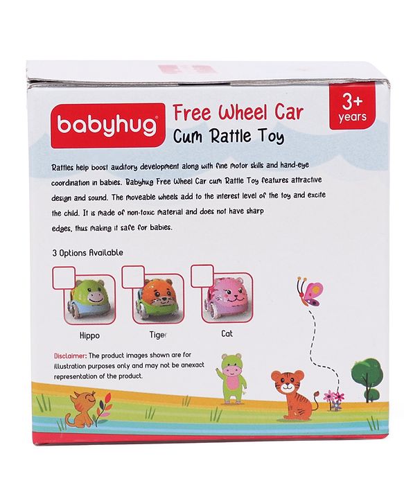 Babyhug Premium Hippo Free Wheel Car Cum Green Rattle Toy| Fun, Flexible, and Soothing Rattle Toy for Kids|Gifting Toy| Child Safe Material| Improves Motor Skills| Early Development Toys for 3+ Years| Non-Toxic| BIS Certified