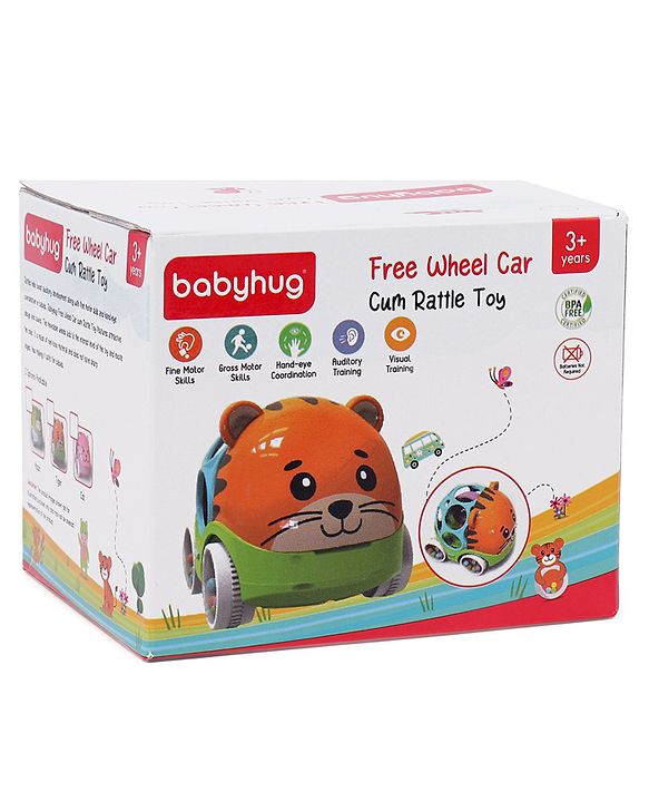 Babyhug Premium Hippo Free Wheel Car Cum Green Rattle Toy| Fun, Flexible, and Soothing Rattle Toy for Kids|Gifting Toy| Child Safe Material| Improves Motor Skills| Early Development Toys for 3+ Years| Non-Toxic| BIS Certified