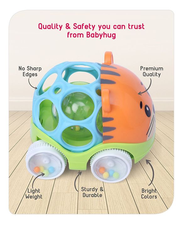 Babyhug Premium Hippo Free Wheel Car Cum Green Rattle Toy| Fun, Flexible, and Soothing Rattle Toy for Kids|Gifting Toy| Child Safe Material| Improves Motor Skills| Early Development Toys for 3+ Years| Non-Toxic| BIS Certified