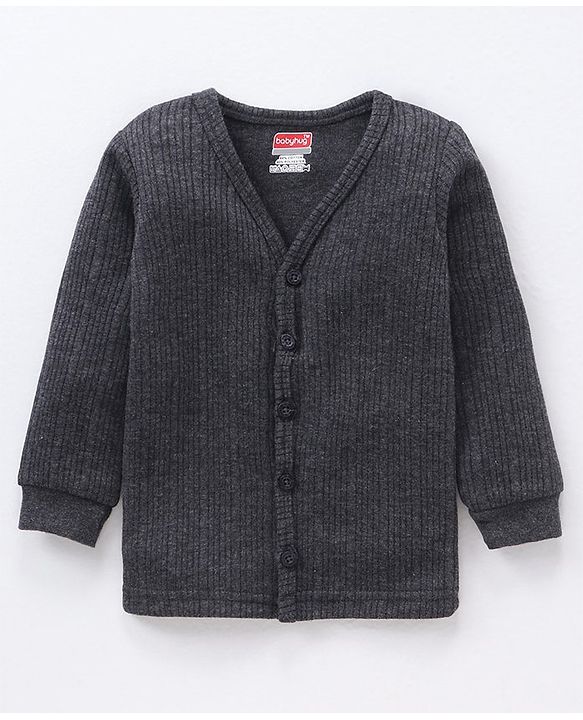 Babyhug Full Sleeves Solid Color Front Open Thermal Vest - Dark Grey