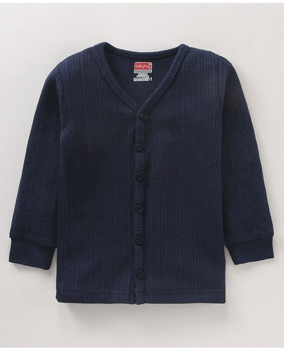 Babyhug Full Sleeves Solid Color Front Open Thermal Vest - Navy Blue