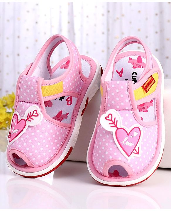 Cute Walk by Babyhug Slip On Sandals with Velcro Closure Polka Dot Print with Heart Applique - Pink