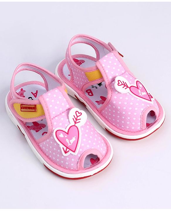 Cute Walk by Babyhug Slip On Sandals with Velcro Closure Polka Dot Print with Heart Applique - Pink