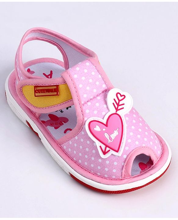 Cute Walk by Babyhug Slip On Sandals with Velcro Closure Polka Dot Print with Heart Applique - Pink
