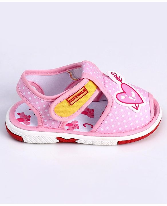 Cute Walk by Babyhug Slip On Sandals with Velcro Closure Polka Dot Print with Heart Applique - Pink
