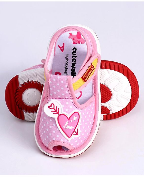 Cute Walk by Babyhug Slip On Sandals with Velcro Closure Polka Dot Print with Heart Applique - Pink