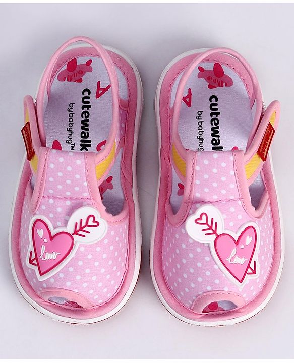 Cute Walk by Babyhug Slip On Sandals with Velcro Closure Polka Dot Print with Heart Applique - Pink
