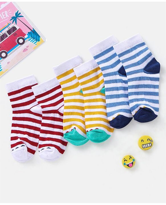Cutewalk By Babyhug Cotton Anti Bacterial Ankle Length Socks Striped Pack of 3 - Multicolour