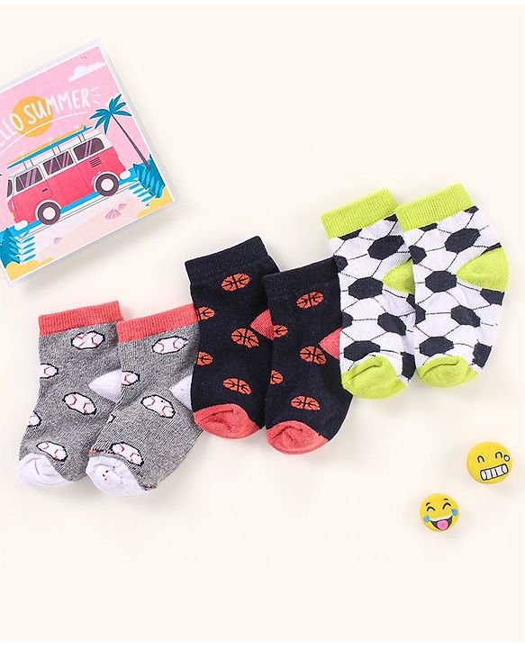 Cutewalk By Babyhug Anti Bacterial Ankle Length Non Terry Socks Football Design Pack of 3- Black & Grey
