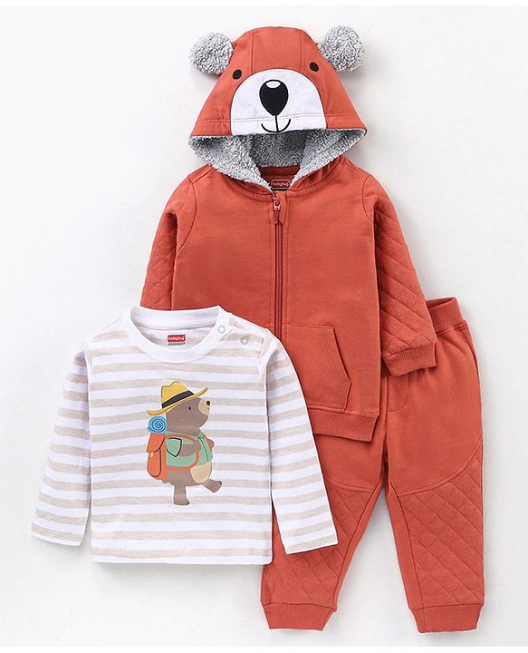Babyhug Cotton Full Sleeves T-Shirt & Lounge Pants With Hooded Sweatshirt Stripes & Bear Print- White Brown