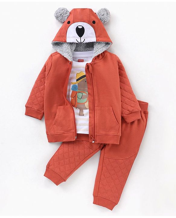 Babyhug Cotton Full Sleeves T-Shirt & Lounge Pants With Hooded Sweatshirt Stripes & Bear Print- White Brown
