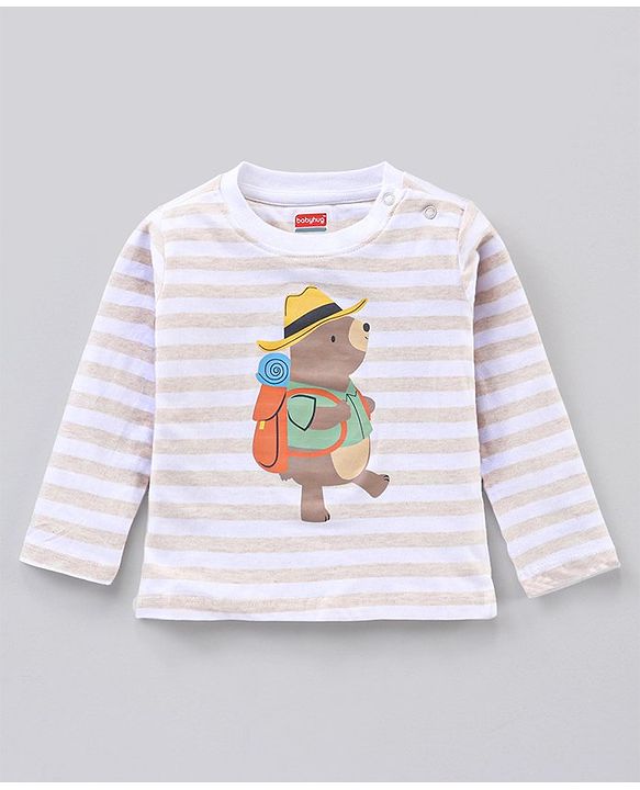 Babyhug Cotton Full Sleeves T-Shirt & Lounge Pants With Hooded Sweatshirt Stripes & Bear Print- White Brown