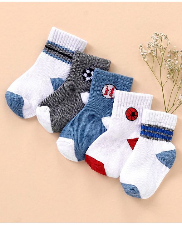 Cutewalk By Babyhug Anti Bacterial Ankle Length Socks Sports Ball Design Pack Of 5- Multicolor
