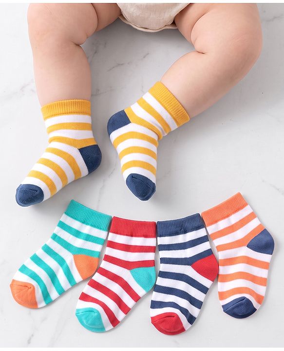 Cutewalk By Babyhug Anti Bacterial Ankle Length Non Terry Socks Striped Design Pack of 5 - Blue & Red