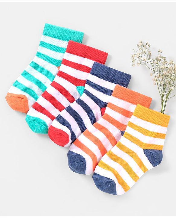Cutewalk By Babyhug Anti Bacterial Ankle Length Non Terry Socks Striped Design Pack of 5 - Blue & Red