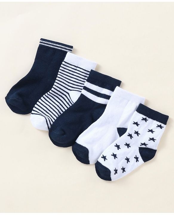 Cutewalk By Babyhug Anti Bacterial Ankle Length Stripe Socks Pack Of 5 - Blue & White
