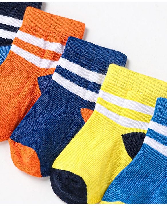 Cute Walk by Babyhug Non Terry Cotton Knit Ankle Length Anti Bacterial Socks Striped Pack of 5 - Multicolour