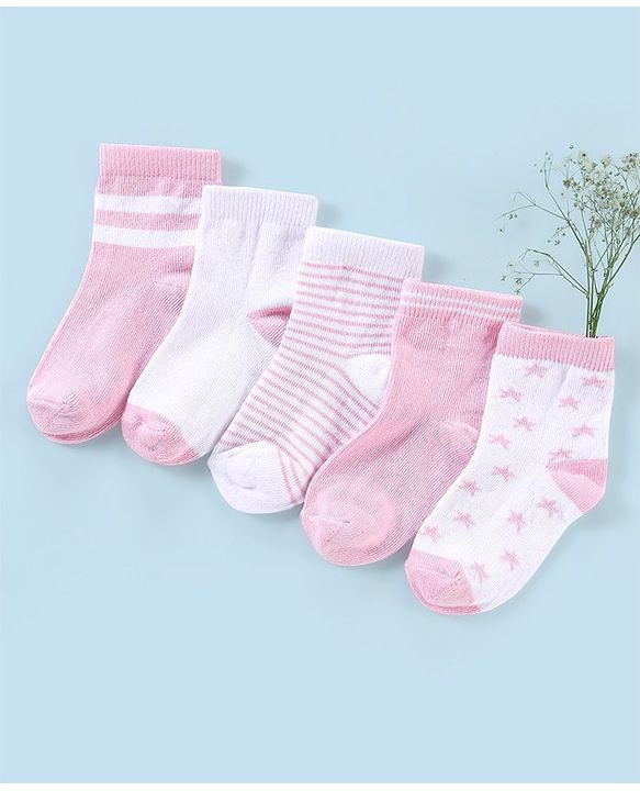 Cutewalk By Babyhug Anti Bacterial Ankle Length Non Terry Socks Striped Pack of 5 - Pink & White