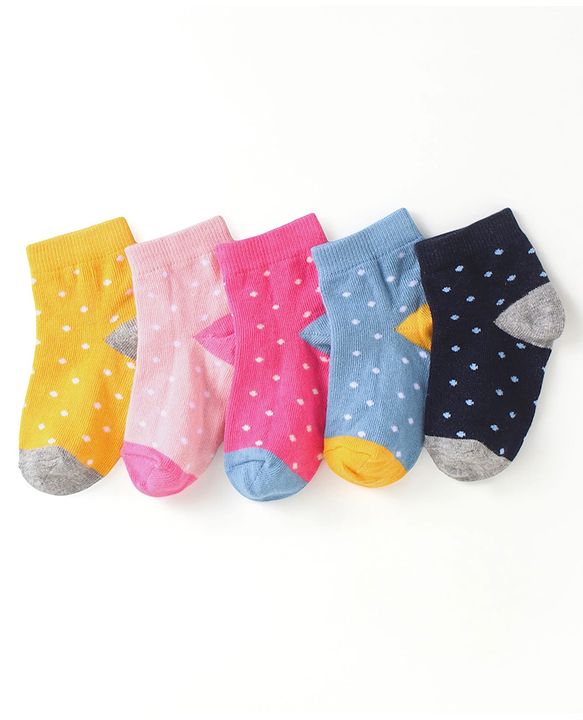 Cute Walk by Babyhug Cotton Anti Bacterial Ankle Length Socks Polka Dots Design Pack of 5 - Multicolour