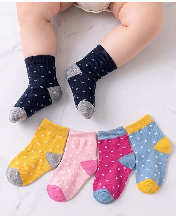 Cute Walk by Babyhug Cotton Anti Bacterial Ankle Length Socks Polka Dots Design Pack of 5 - Multicolour