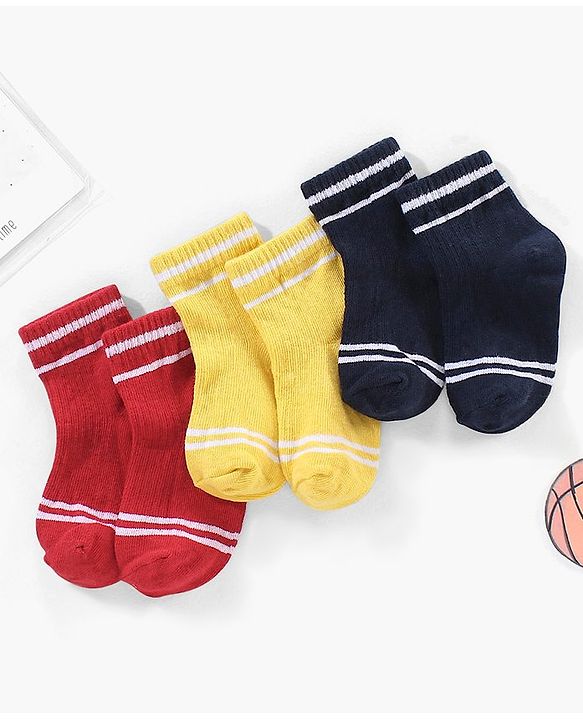 Cute Walk by Babyhug Cotton Anti Bacterial Ankle Length Socks Solid Pack of 3 - Yellow Red