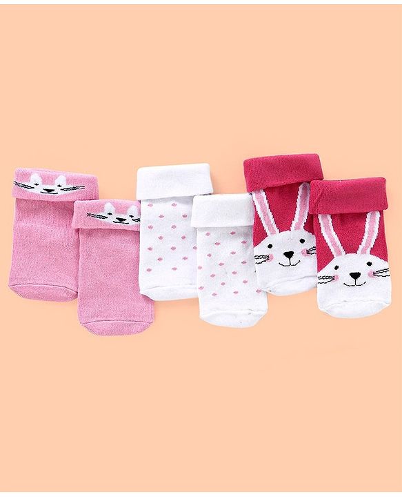 Cutewalk By Babyhug Anti Bacterial Ankle Length Non Terry Socks Bunny Design Pack of 3 - Multicolour