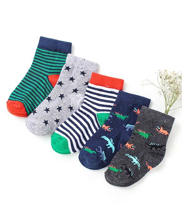 Cutewalk By Babyhug Anti Bacterial Ankle Length Non Terry Socks Dino Design Pack of 5 - Multicolour