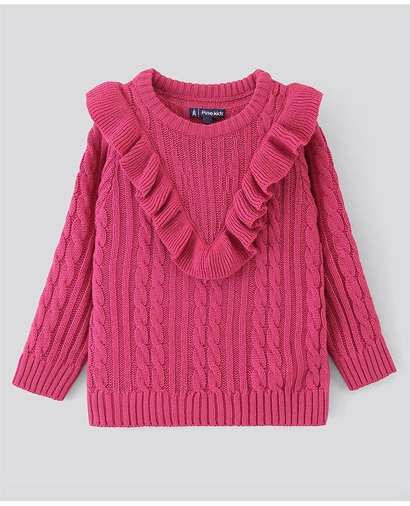 Pine Kids Full Sleeves Moderate Winter Sweater With Frill - Pink