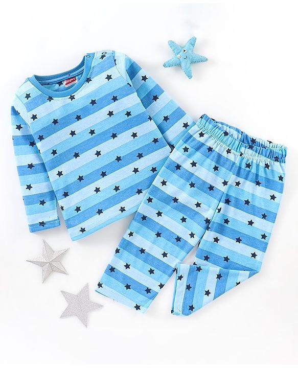 Babyhug Cotton Knit Full Sleeves Night Suit Star Print - Blue