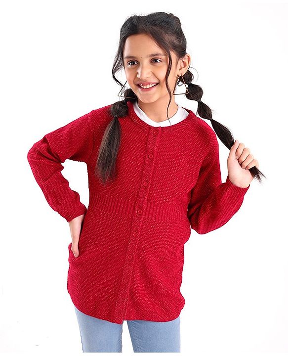 Pine Kids Full Sleeves Medium Winter Sweater with Lurex Solid- Red