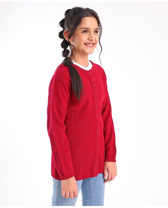 Pine Kids Full Sleeves Medium Winter Sweater with Lurex Solid- Red