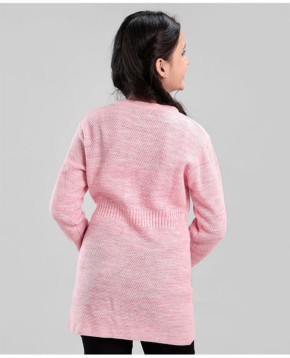 Pine Kids Full Sleeves Front Open Long Woolen Sweater for Moderate Winter - Pink