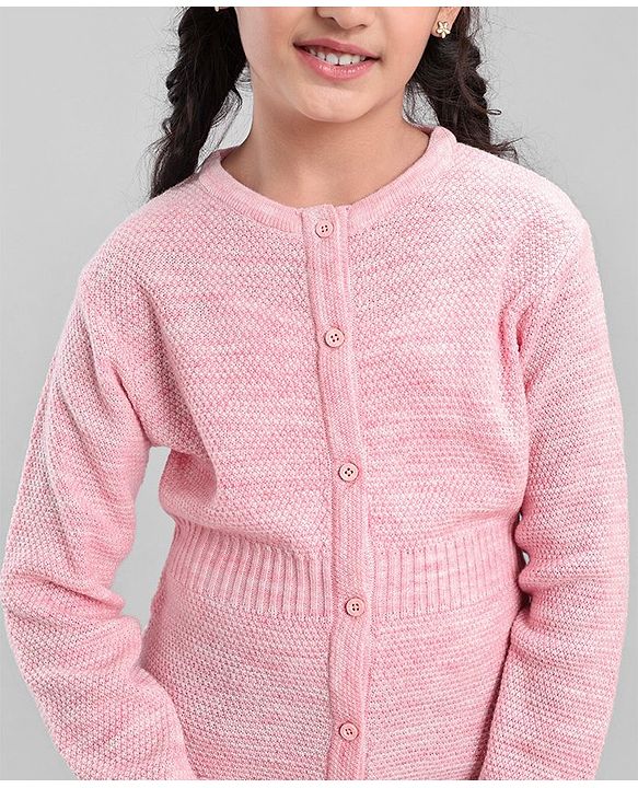 Pine Kids Full Sleeves Front Open Long Woolen Sweater for Moderate Winter - Pink