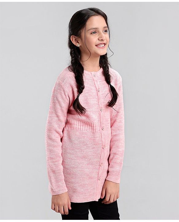 Pine Kids Full Sleeves Front Open Long Woolen Sweater for Moderate Winter - Pink