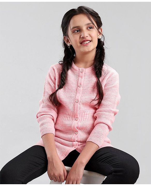 Pine Kids Full Sleeves Front Open Long Woolen Sweater for Moderate Winter - Pink