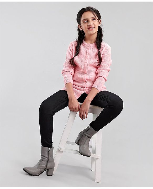 Pine Kids Full Sleeves Front Open Long Woolen Sweater for Moderate Winter - Pink