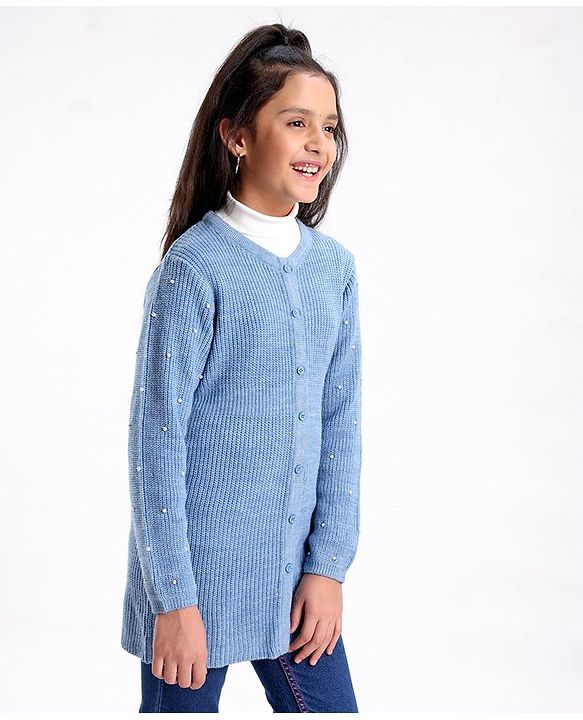 Pine Kids Full Sleeves Moderate Winterwear Sweater With Pearls - Blue