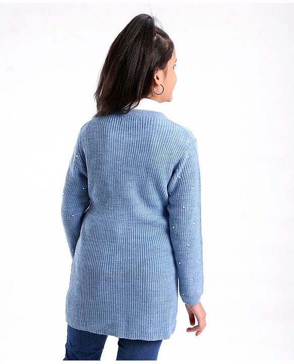 Pine Kids Full Sleeves Moderate Winterwear Sweater With Pearls - Blue