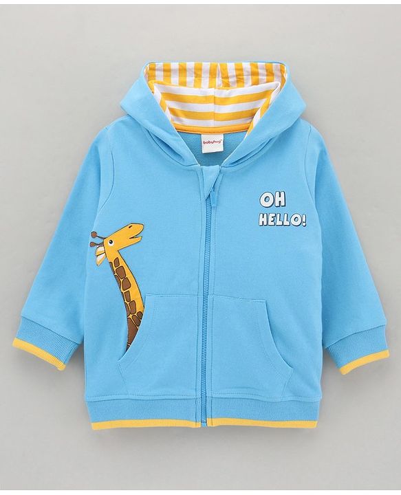 Babyhug Full Sleeves Hooded Sweat-Jacket With Giraffe Applique - Blue