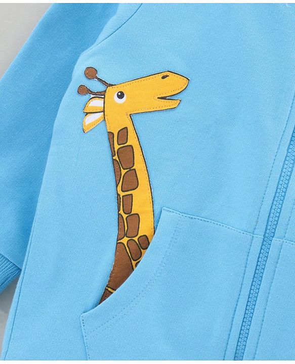 Babyhug Full Sleeves Hooded Sweat-Jacket With Giraffe Applique - Blue
