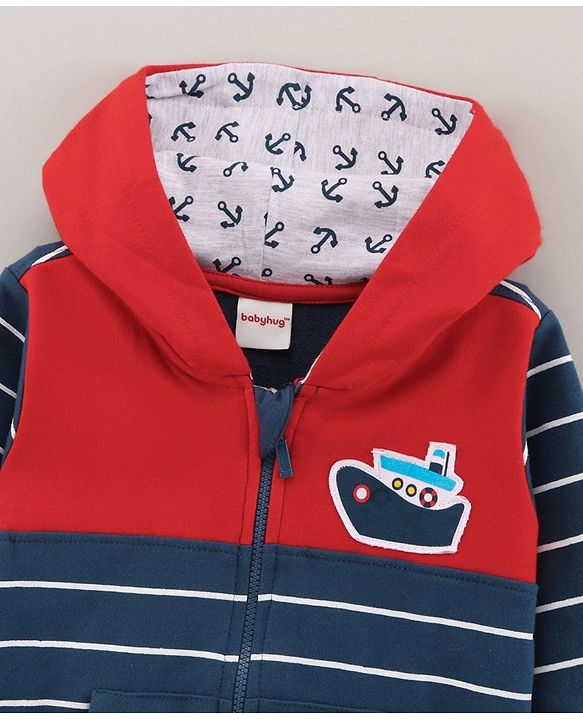 Babyhug Full Sleeves Sweatjacket with Hood Ship Print - Dark Blue