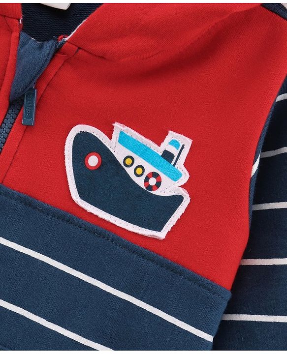 Babyhug Full Sleeves Sweatjacket with Hood Ship Print - Dark Blue