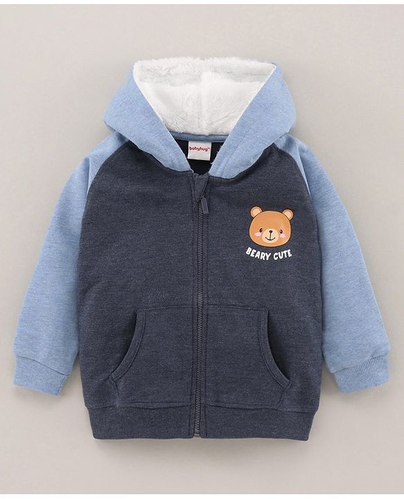 Babyhug Full Sleeves Cotton Knit Hooded Sweat-Jacket with Bear Print - Blue Melange