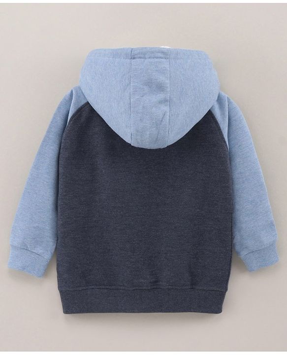 Babyhug Full Sleeves Cotton Knit Hooded Sweat-Jacket with Bear Print - Blue Melange