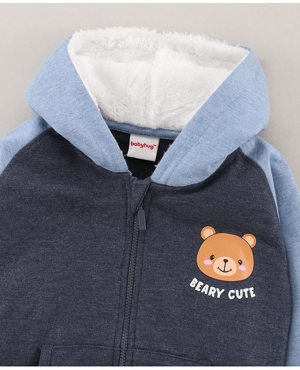 Babyhug Full Sleeves Cotton Knit Hooded Sweat-Jacket with Bear Print - Blue Melange