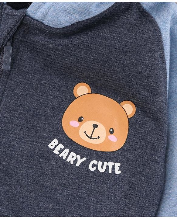 Babyhug Full Sleeves Cotton Knit Hooded Sweat-Jacket with Bear Print - Blue Melange